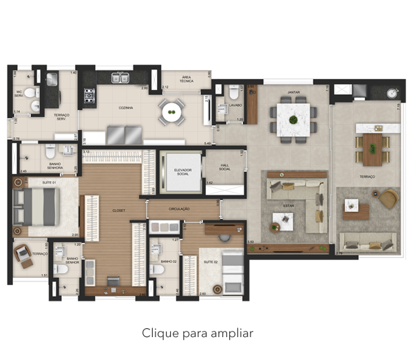 PLANTA OPÇÃO (Suíte master ampliada) - 141m² Junção das unidades finais 1A e 1B dos respectivos pavimentos